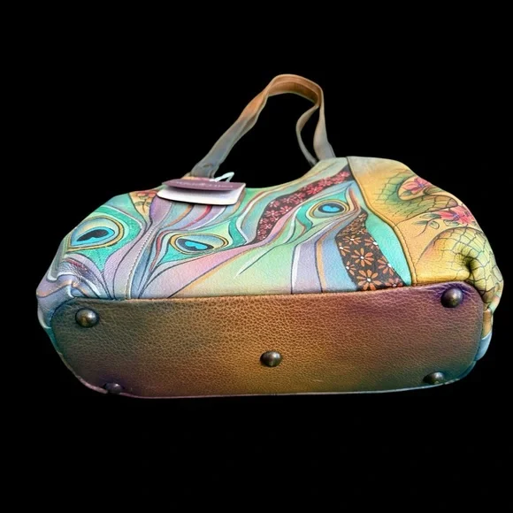 Anuschka Pastel Peacock Shoulder Bag multi pocket with 2 attached pouches NEW - Picture 6 of 11